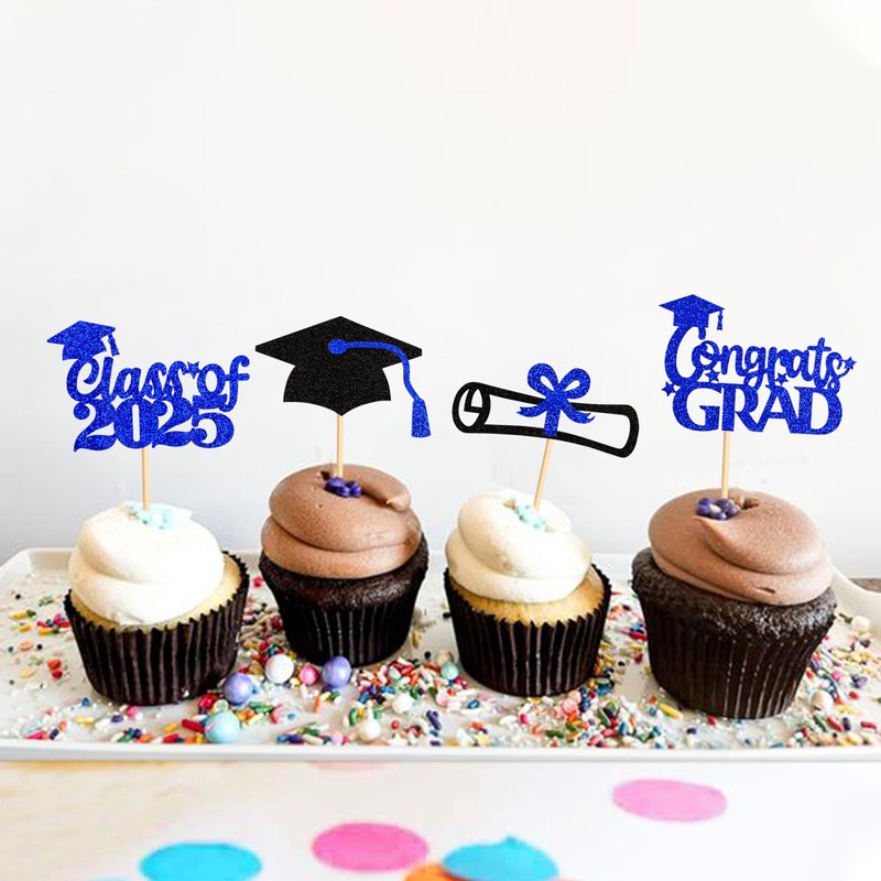 Ercadio 24 Pack 2025 Graduation Cupcake Toppers Blue Glitter Grad