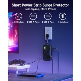 Short Extension Cord Surge Protector, 6 AC Outlets with 4 USB Fast Charge (5V/3.4A 17W), 3' Mini Extension Cord, Small Compact Power Strip, Flat Outlet Extender, 1080J for Home Office Dorm, ETL Listed