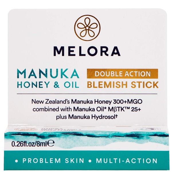Melora Manuka Honey and Oil Double Action Blemish Stick, Healing and Harmonizing, Premium Manuka Oil, Fights Acne, Suited for All Skin Types, Soothing Aloe, 0.26 oz