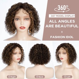FASHION IDOL Deep Wave Bob Human Hair Wig, Short Curly Lace Front Wig, Curly Bob Wigs for Women, HD T Part Lace Front Wigs, Pre Plucked, 150% Density