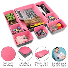 Newthinking Desk Drawer Organiser Trays, 8 Pack Square Organizer Box Stackable Dividers, Save Desk Space Dividers Box for Home Office Cosmetics Storage Boxes (Pink)