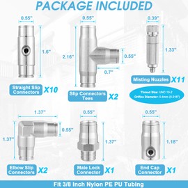 Mornajina 27Pcs Slip-Lock Misting Nozzle Tees for 3/8 inch Drip Irrigation Tubing Kit, Including 11pcs Mister Nozzles Orifice 0.016", 16pcs 3/8" Brass Slip Connector, High Pressure