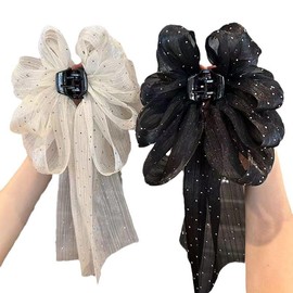 Long Ribbons Hairpin Mesh Barrettes Crystal Style Accessories Elegant Bow Hair Claw (Black+White, One size)