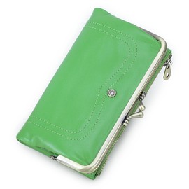 CONTACTS Full Grain Goat Leather Kiss Lock Wallet for Women Vintage Clutch Wallet with Rfid Blocking Zipper Coin Purse (Green)