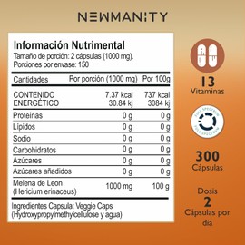NEWMANITY Melena de Leon 300 Cápsulas de 500 mg - Nootrópico Natural de Lions Mane, Hongo Melena de Leon, Mushroom Blend de Suplemento con Extracto 8:1, Nootropicos para Apoyo en la Memoria