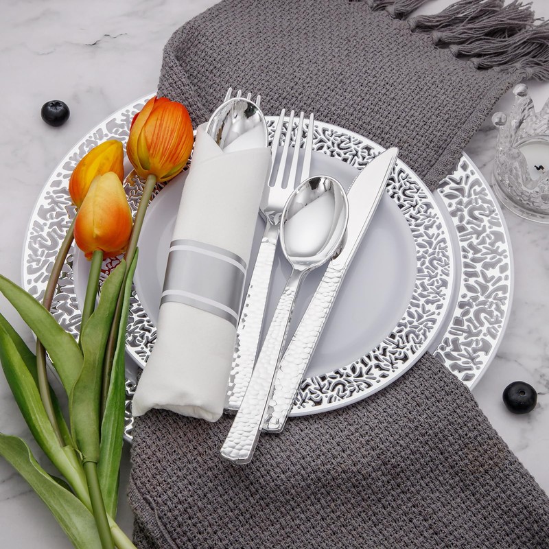 Supernal 60 Pack Pre-Rolled Silver Plastic Cutlery Heavy Duty Wrapped
