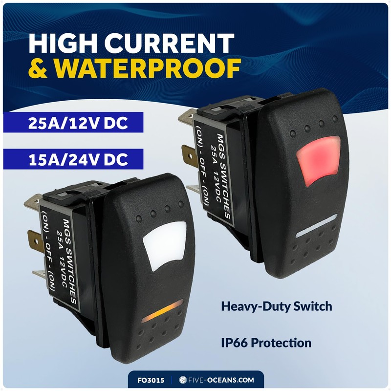 Five Oceans 6-Pin LED (On)-Off-(On) Momentary Rocker Switch, 25A/12V DC