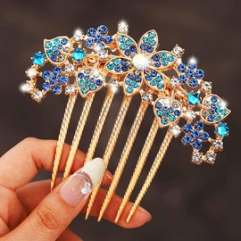 Jovono Bridal Hair Comb Rhinestone Flower Wedding Golden Crystal Bridal Hairpieces Vintage Hair Accessories for Women (Blue)
