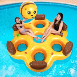 Giant Inflatable Honeycomb 6 Person Swimming Pool Float Tube w/XL Beach Ball- Over 6' Wide- Includes Mesh Seating, Backrests, Cup Holders-Durable, Thick PVC- Summer Pool or Lake Fun for Kids & Adults
