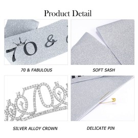 Vovii 70th Birthday Sash and Tiara - Silver Birthday Crown & Fabulous Sash for Women's 70th Decorations & Party Favors