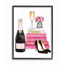 Stupell Industries Glam Pink Fashion Book Champagne Hells and Flowers Framed Giclee Texturized Art, Proudly Made in USA
