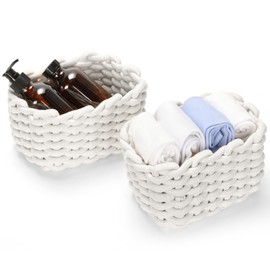 Cozary Set da 2 Cestini Portaoggetti in Cotone Intrecciato, Cesti Quadrati Bianchi per Bagno, Scrivania e Comodino, Organizer Decorativi per Cosmetici e Giocattoli, 20x14x12.5cm