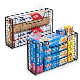 2 Pack Aluminum Foil Organizer, Foil and Plastic Wrap Organizer, Pantry Kitchen Cabinet Door Organizers, Self Adhesive Wall Mounted Storage Hanging Basket for Ziplock Bag, No-Drill, Mesh Metal