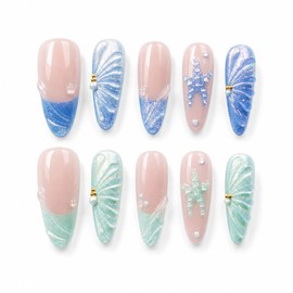 10Pcs Long Almond Press on Nails, Mermaidcore Ocean Theme False Nails, 3D Seashell & Starfish Design, Blue and Mint Green Glitter French Tip Glue on Nails for Women and Girls