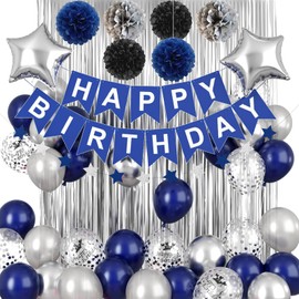 Blue and Silver Birthday Decorations for Men Boys, Navy Blue Silver Party Decoration Royal Bue Silver Birthday Balloons Happy Birthday Banner Pom Poms Silver Fringe Curtain for Birthday Party Supplies