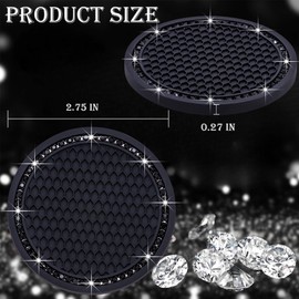 MEAJOO 2PCS Bling Cup Holder Coaster, 2.75 Inch Auto Car Cup Holder Insert Coasters, Soft Silicone Anti-Slip Shockproof, Universal Vehicle Interior Accessories for Women Girls (Black)