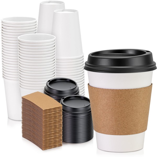 Fit Meal Prep 100 Pack 12 oz Disposable Coffee Cups with Lids, Sleeves and Stirrers, Premium To Go Coffee Cups with Lids, Durable Thickened Hot White Paper Cup for Cold/Hot Beverage Chocolate Cocoa