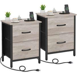 Vagusicc Nightstand Set of 2 with Charging Station, End Table Bedside Table with Power Outlet & USB Ports, Side Table with 2 Fabric Drawers for Bedroom, Living Room, Greige