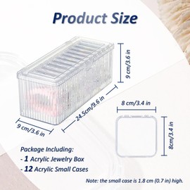 FYRLFB Clear Jewelry Storage Box, Acrylic Bracelet Organizer Holder with 12 Pcs 3.4 Inches Portable Anti Tarnish Cases, Travel Jewelry Storage for Earrings/Rings/Necklaces/Brooch (1Box+12Cases)