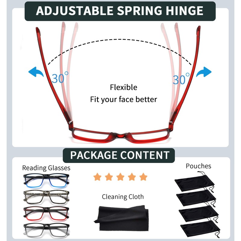 READITEASY Mens Reading Glasses 2.0+ Blue Light Blocking 4 Pack,
