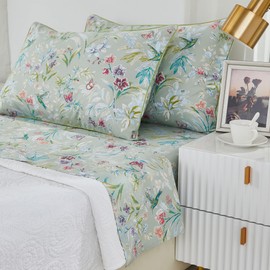 Brandream Bed Sheets Garden Style Butterfly Floral Bedding Elegant Watercolor Painting Farmhouse Queen Size Sheets Set Luxury Bedding Collections 100% Egyptian Cotton Deep Pocket, 4 Piece Green