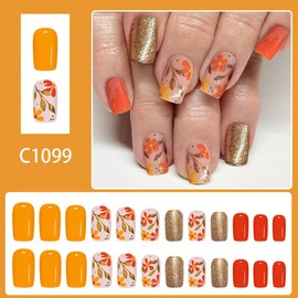 Fall Press on Nails Short Square Fake Nails Glossy Orange Yellow Flowers Acrylic Nails Squoval Artificial Autumn Flower Stick on Nails with Fallen Leaves Gold Glitter Design 24 pcs