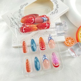 Summer Press on Nails Almond Medium Nails Press ons with Fruit Designs Blue Fake Nails Glossy Glue on Nails French Tip Flase Nails Nude Acrylic Nails Cute Stick on Nails for Women 24Pcs