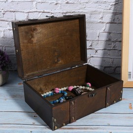 Vintage Wooden Storage Box, Desktop Storage Boxes Decorative Treasure Box Jewelry Chest Metal Lock Wood Storage Decorative Keepsake Chests Box - 9.25x6.30x3.74inch(Gray)