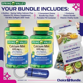 Spring Valley Calcium 600 mg Plus Vitamin D3 12.5 mcg 150 Ct Mini Softgels 4 Pk (600 Total) + “Vitamin Vitality” Guide & Pill Container (6 Items)!