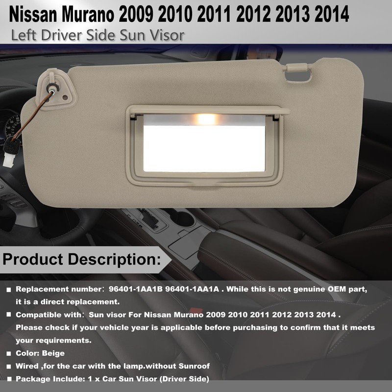 CRAZYPARTS Left Driver Side Sun Visor Compatible with Nissan Murano