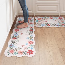 LEEVAN Kitchen Rug Set of 2, Washable Kitchen Mat for Floor Non Slip, Spring Floral Kitchen Runner Rug, Soft Standing Mats Low-Profile Absorbent Laundry Mat Office Mat(Pink, 20''x31''+20''x47'')