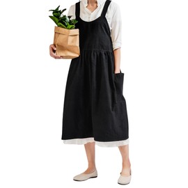 NASSIA Women's Apron One-Piece Long Linen, Shoulder Bag, Cafe Store, Cooking Class, Florist, Stylish, Large Size, Natural, Black
