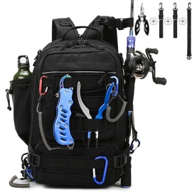 Meprona Fishing Tackle Backpack Storage Bag, Outdoor Shoulder Backpack, Water-Resistant Gear Bag with Rod Holder and Stainless Steel Plier (Standard(14.5 * 9 * 5.5 inch)-Black)