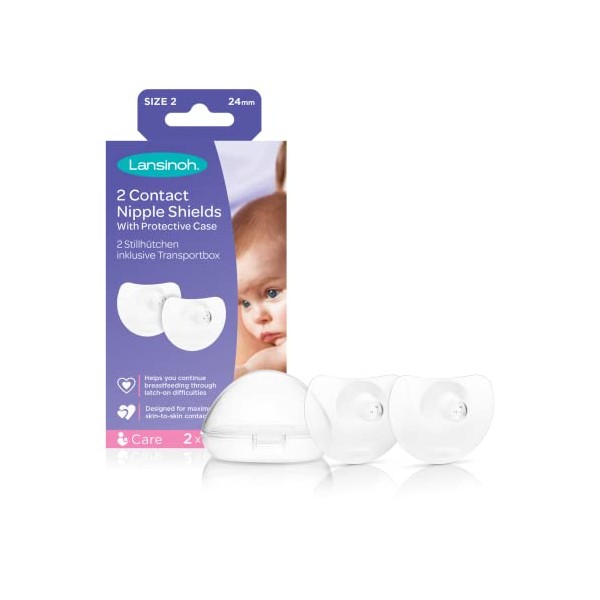 Lansinoh Contact Nipple Shields for Breastfeeding + Case Size : Large 24mm 2 pack - BPA free Nursing Breast Shield Cups Breast Feeding Latch Support Nipple Protection Maternity New Mum Essentials