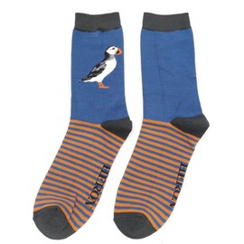 LilyRosa Mens Puffin Socks 6-11 Red Mustard Blue Puffins Bamboo 1 Pair