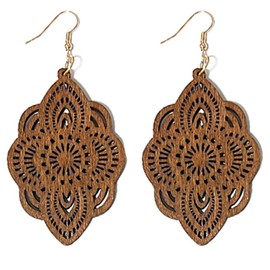 Bohemian Wood Earrings Natural Retro Lightweight Hollow Pattern Geometric Wooden Dangle Drop Earrings Statement Vintage Jewelry (Brown Earrings)