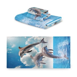 Nander - Juego de Toallas de algodón Suave de 3 Piezas, ecológicas, 1 Toalla de baño, 1 Toalla de Mano, 1 paño de Lavado, Delfines de Salto Azul océano