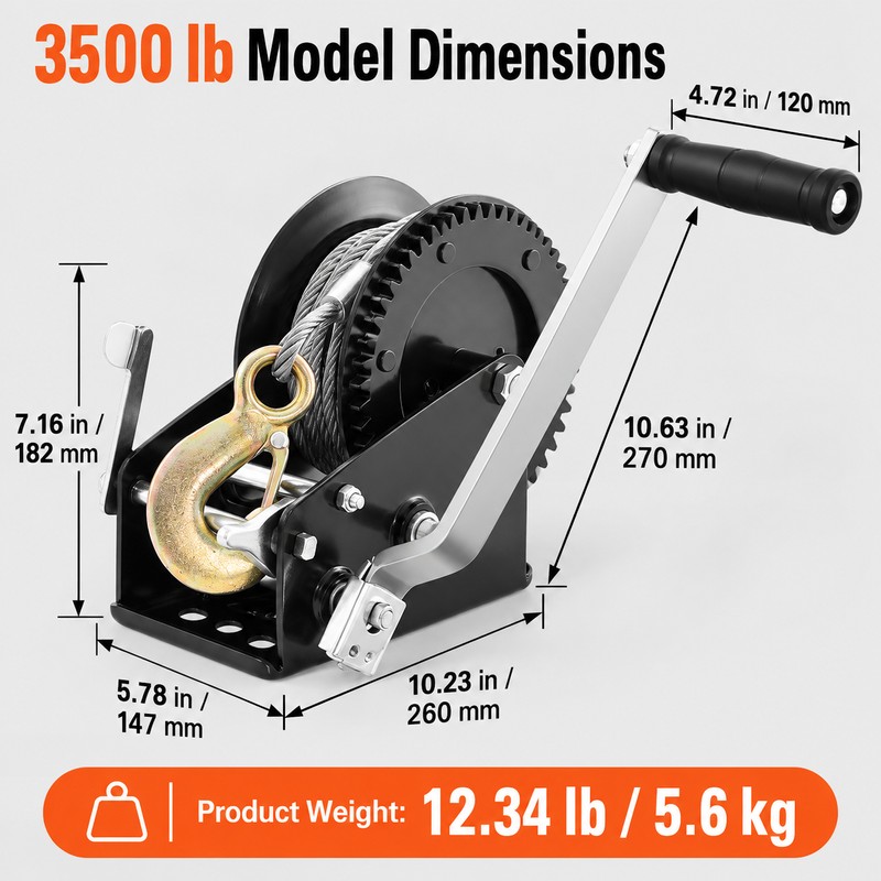 Manual Hand Crank Winch with 33 ft Steel Cable, 800/3500