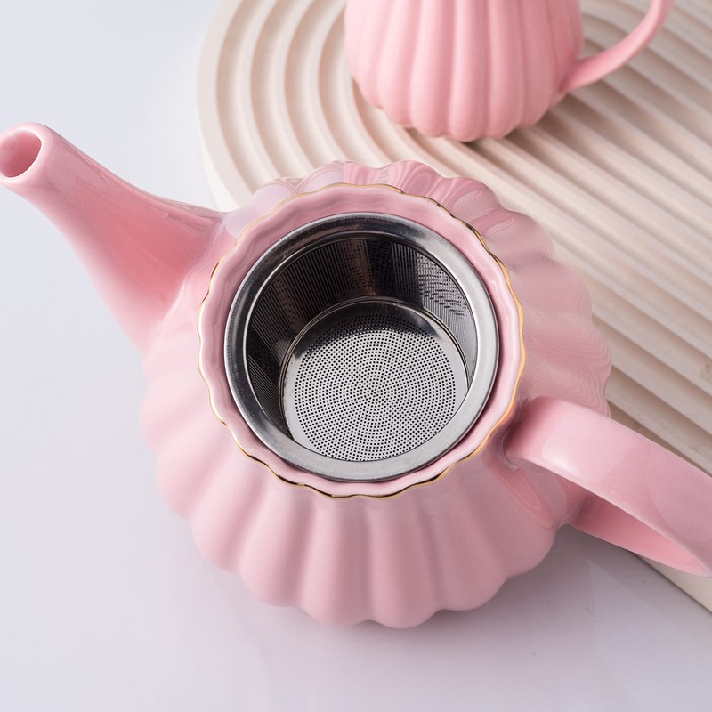 Jusalpha Pink Porcelain Teapot with Removable Stainless Steel Infuser, Blooming