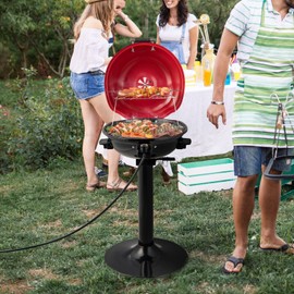 HAPPYGRILL 1600W Electric Grill Outdoor, Portable BBQ Grill with Warming Tray, Removable Non-Stick Grill Rack, Adjustable Temperature& Oil Drip Tray for Patio, Camping, Picnic