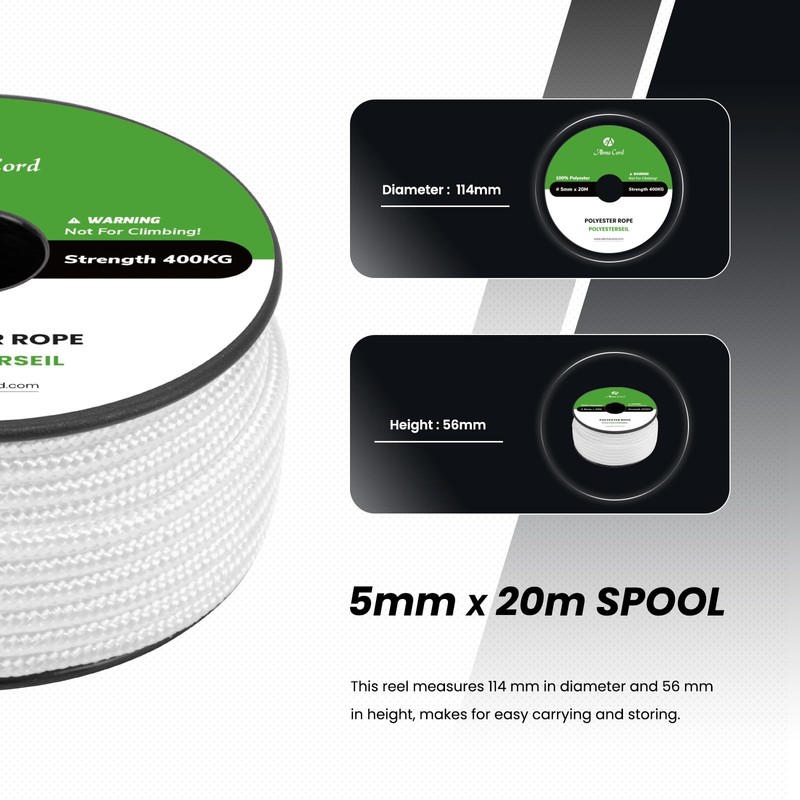 Abma Cord Braid Polyester Rope 5mm x 20m Dacron Polyester
