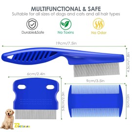 BRILLIRARE 3 Pack Flea Lice Comb, Stainless Steel Dog Cat Grooming Combs with Rounded Teeth, Double Sided Professional Pet Tear Stain Remover, Dematting Tool for Small, Medium & Large Pets