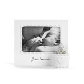 DEMDACO Musical Frames Collection Jesus Loves Me White Beaded 8 x 7 Resin Keepsake Baby Picture Frame with Lamb Figurine & Trinket Box Holds 4x6 Photo