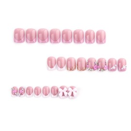 Square Press On Nails Short Fake Nails Rhinestone Flower With Bow Glitter Design French False Nails Full Cover Acrylic Nails Cute Glue On Nails Artificial Nails Glossy Stick On Nails For Women 24pcs