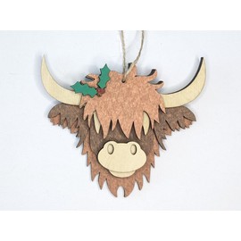 2 x Highland Cow Christmas Decoration Tree Ornament Wooden Hairy Coo With Holly Embelishment And Twine To Hang