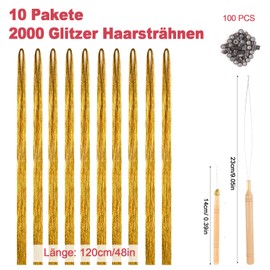 Deepton 2000 Hair Tinsel, 120 cm Glitter Hair Strands with Tool, Hair Tinsel Set, Girls & Children Hair Tinsel, Glitter Strands for Hair for Women Children Cosplay Party Accessories, Gold