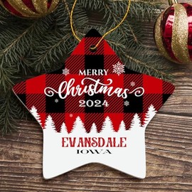 Merry Christmas Evansdale Ornament Evansdale IA Christmas Ornament 2024 Gift Family Friend Hometown Souvenir Housewarming Keepsake Star Ornament Tree 3" White