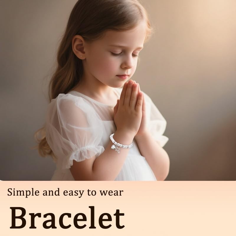 Baptism Gifts for Girl Cross Pearl Bead Bracelet Girls Christening