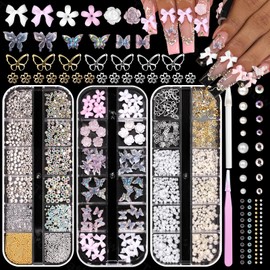 3 Boxes Flower Nail Charms and Gems, 3D White Resin Bow Tie Flower Nail Art Charms, White Beige Pearls Gold Silver Caviar Beads and Rhinestone Gems for Women Nail DIY Accessories with Pickup Tools