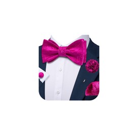 Barry.Wang Hot Pink Bow Tie and Lapel Pin Set Mens Self Tie Paisley Silk Bowties Handkerchief Cufflinks Formal Party